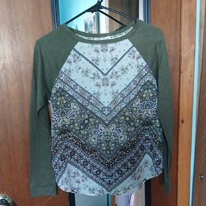 Rewind Olive Green Raglan Long Sleeve Top with Floral Chevron Panel